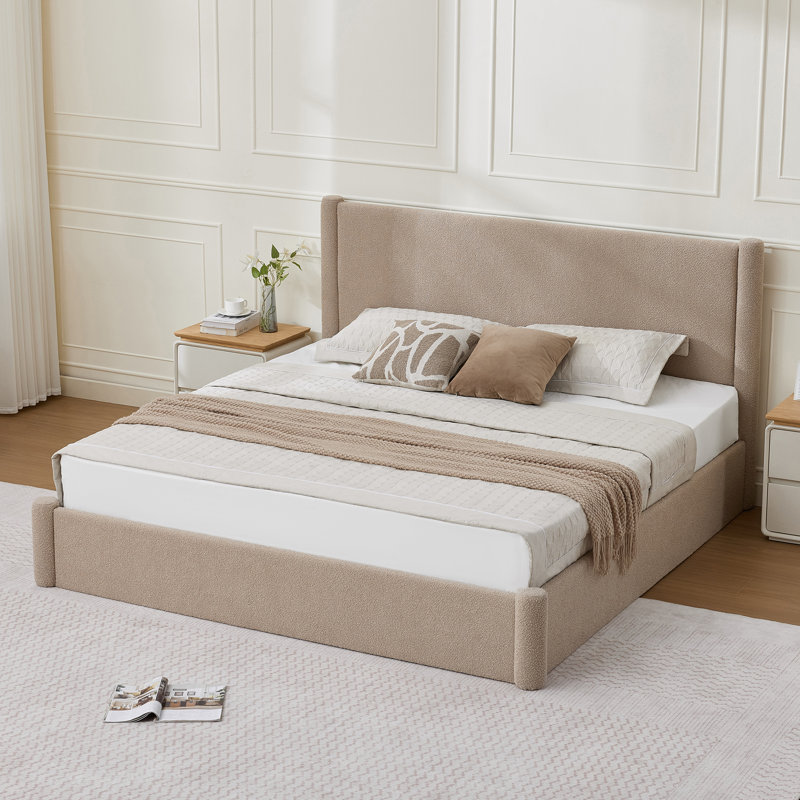 Lit plateforme tapissier avec rangement Braya Luxury Boucle, Beige bouclé, Très grand lit