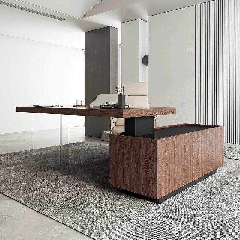 71.5" Modern Standing L-Shape Desk with Side Cabinet and lifter Desktop (Table Top Has No Pre-Drilled Holes), Walnut