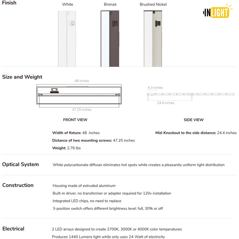 Éclairage sous-armoire à DEL 3 niveaux 48 pouces Inlight, câblé ou branché, sélectionnable blanc 2700K / 3000K / 4000K, à intensité variable, finition blanche, IN-0210-6