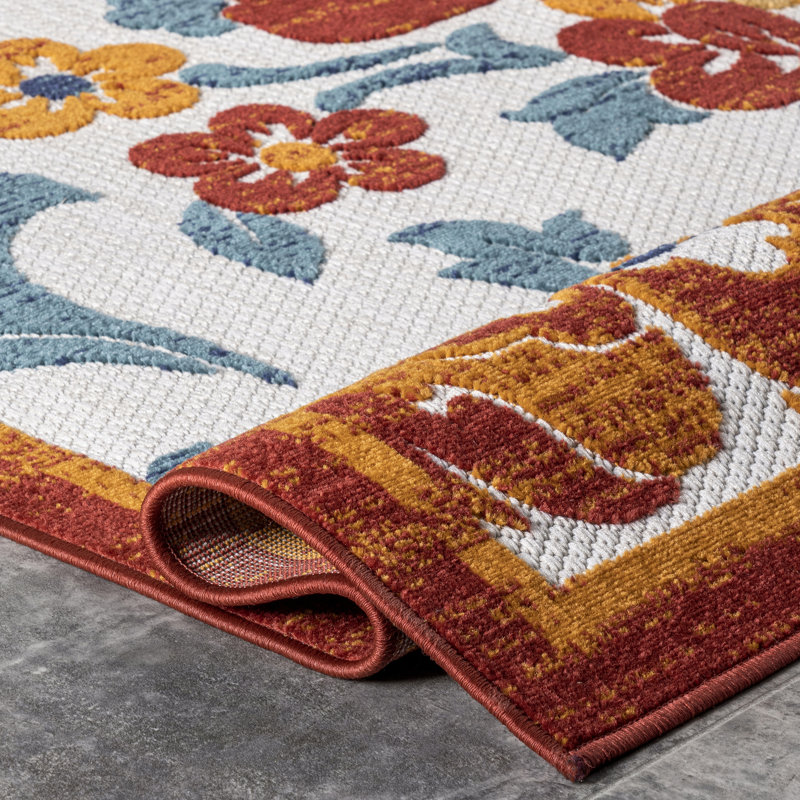 Tapis d'intérieur / extérieur à motif floral rouille / sarcelle Frew, Tapis de couloir 2 pi 8 po x 8 pi