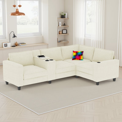 L-Shaped Sofa with Console & USB Charging, Storage Sofa Bed with Adjustable Seats for Family Living Room