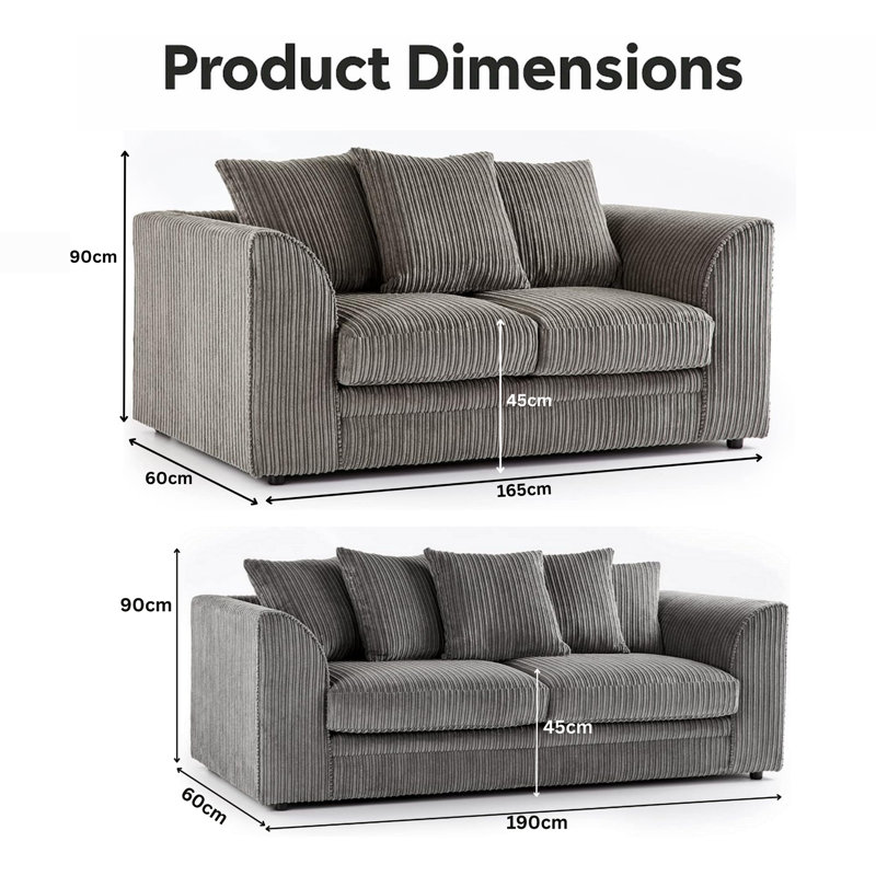 Two Piece 3 and 2 Seater Jumbo Cord Fabric Sofa Set, Grey