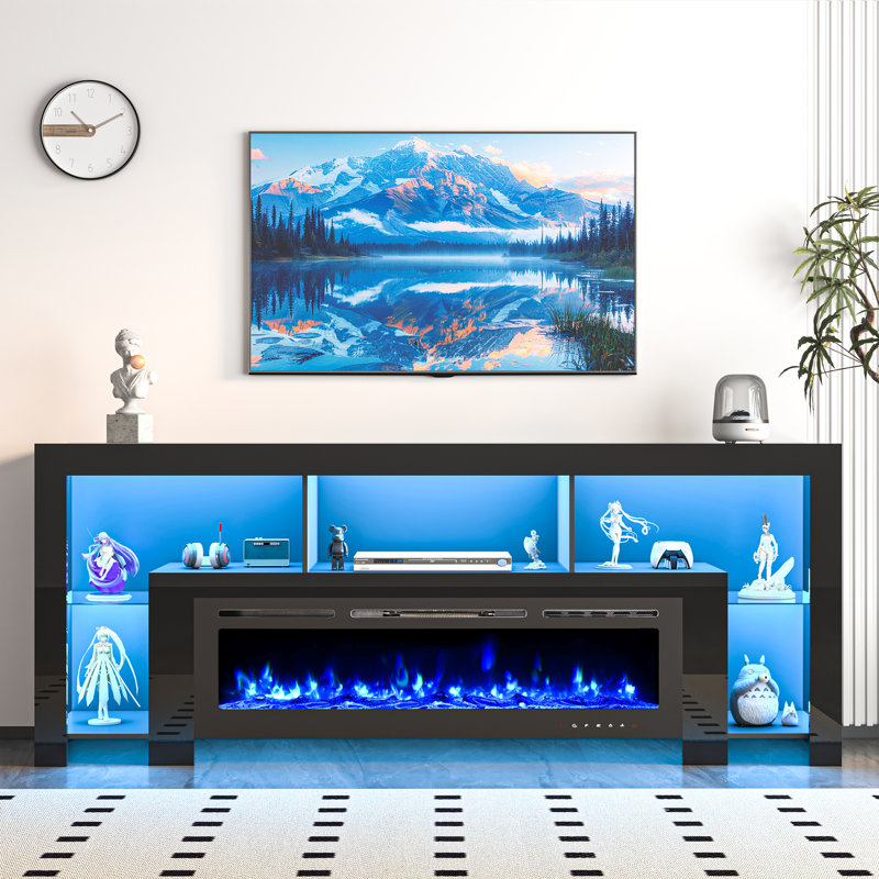 Meuble télé 94,5 pouces avec foyer, meuble télé ultrabrillant avec tablettes de rangement pour le salon