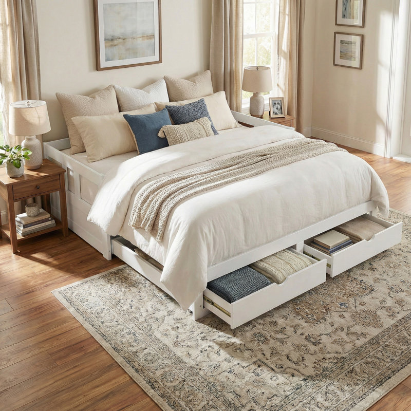 Solid Wood Twin Day Bed with Storage, White, White