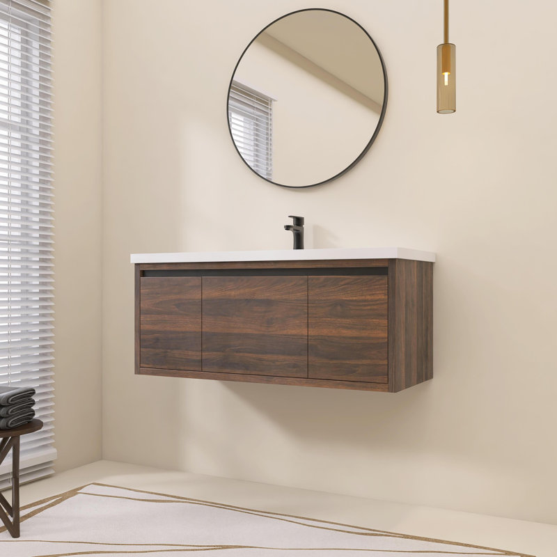 Meuble-lavabo mural simple 48 po avec comptoir en résine, portes à fermeture douce et tiroir, Noyer