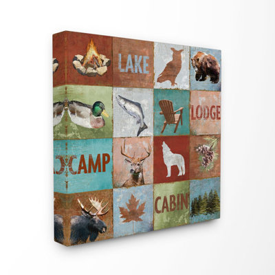«Lake Cabin Country Animal Collage Design», impression sur toile