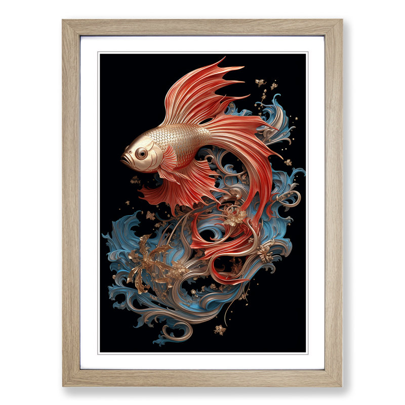 Siamese Fighting Fish Nouveau No.2 - Framed Print, 34cm H x 25cm W x 2cm D, Oak 