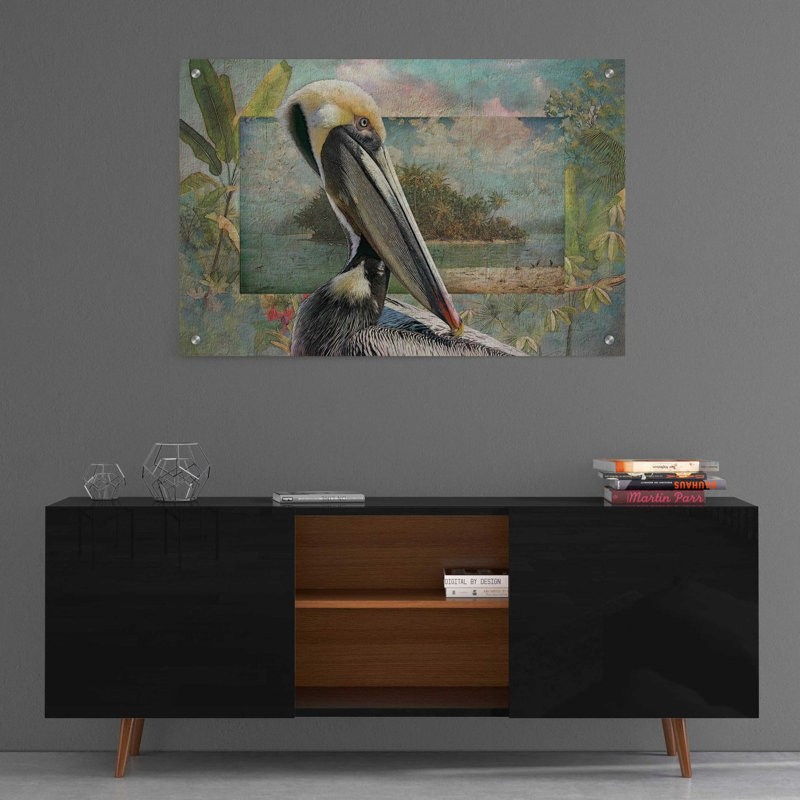 «Pelican Paradise II» par Steve Hunziker, art mural en verre acrylique, H 24 po x l 36 po x P 0,2 po