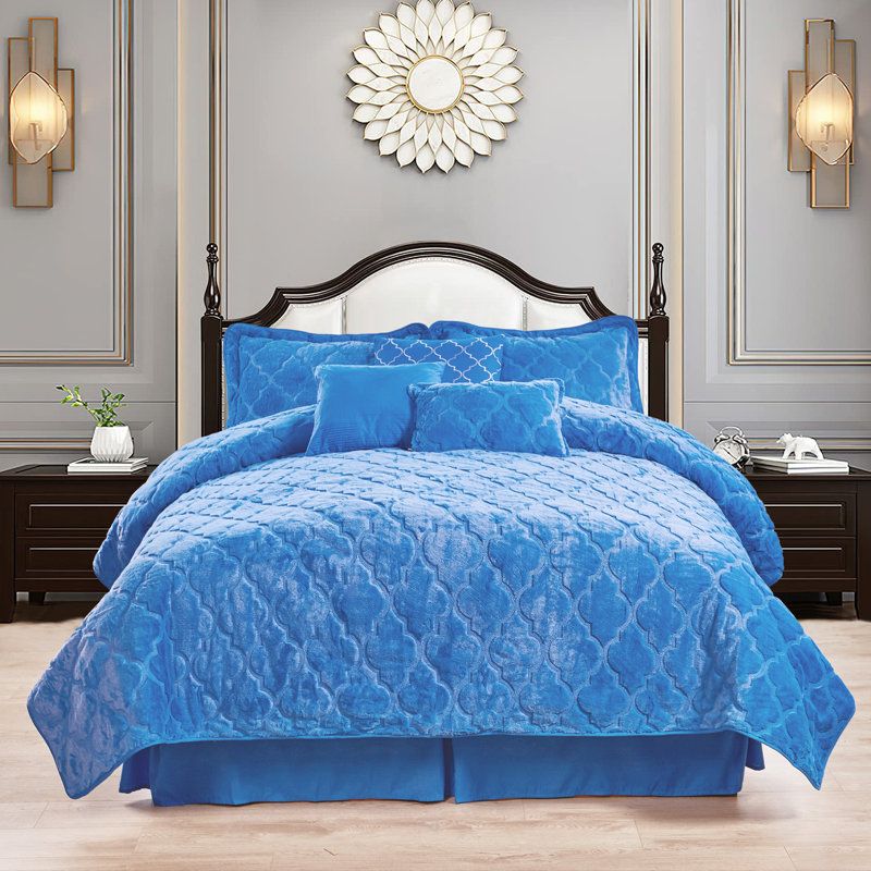 7 Piece Ogee Currey Faux Fur Embroidery Set, King Quilt, Palace Blue