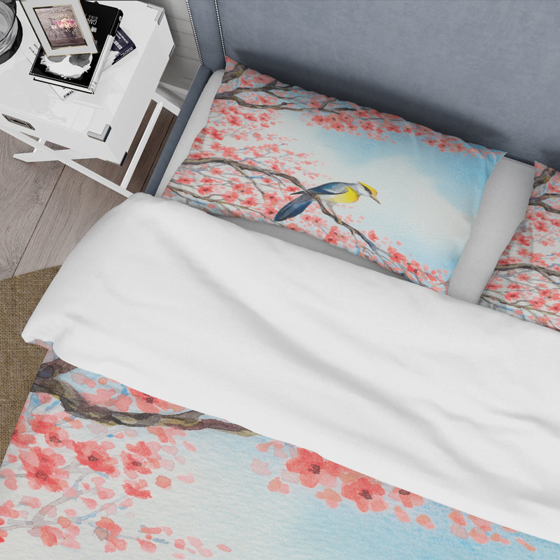Magnifique oiseau rouge sur une branche en fleurs I - Ensemble de housse de couette traditionnel - Microfibre de polyester