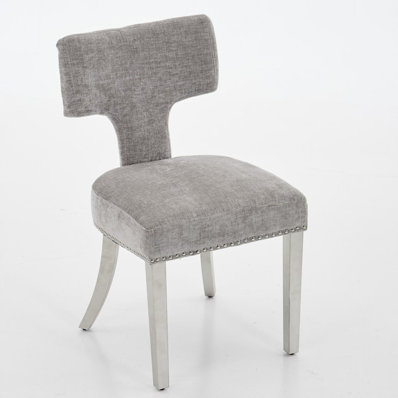 Modern Dining Chairs Set of 2, Gray Chenille, Steel Legs for Kitchen