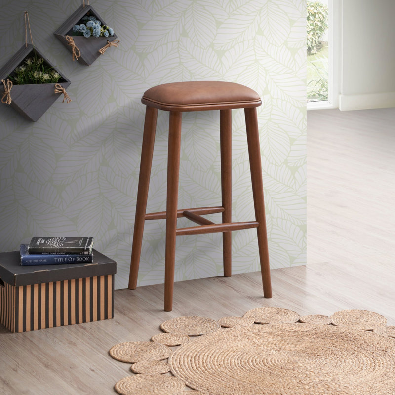 Tabouret de bar en cuir PU de style Mid-Century moderne avec structure en bois massif brun et brun clair de 30 pouces, confortable et durable pour la cuisine ou le bar