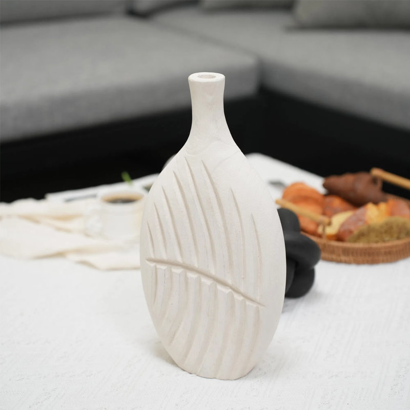 Vase en bois texturé blanc fait à la main avec motif de feuilles, vase décoratif rustique moderne de 13,78 po pour les fleurs, pièce maîtresse pour le salon, la table de salle à manger, le bureau et la chambre à coucher