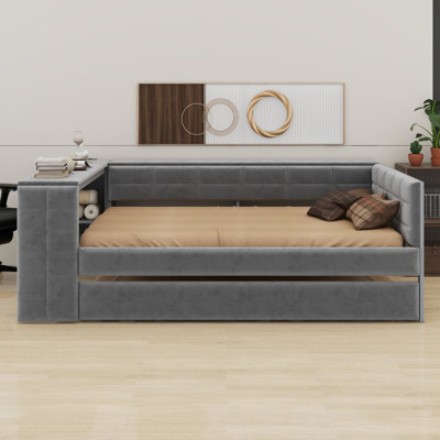 Lit plateforme tapissier avec tablettes de rangement, bureau, station de charge et lit gigogne
