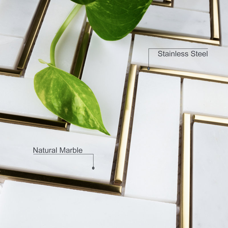 Natural Bianco 1" x 3" Marble Chevron Mosaic Wall Tile, White/Gold
