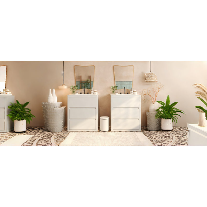 Ensemble de meuble-lavabo élégant en MDF à fermeture en douceur avec deux lavabos en céramique pour une salle de bain élégante