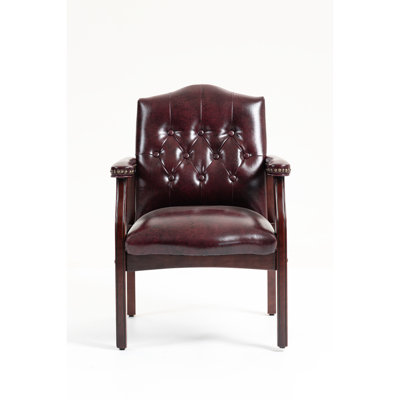 Chaise de réunion en cuir bourgogne, dossier moyen ergonomique, siège et accoudoirs rembourrés, conception traditionnelle classique avec bouton, largeur de 20 pouces, finition sur pièces en bois, l 24,5 po x P 27 po, H 35,5 po, limite de 275 livres