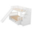 Lit simple superposé au dessus d'un lit double avec tiroirs, rangement et glissade, multifonction-856869609