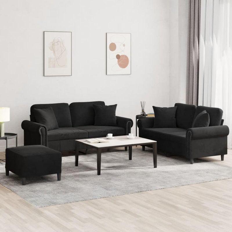  Ensemble de canapé en velours noir, métal, grand contreplaqué, Noir