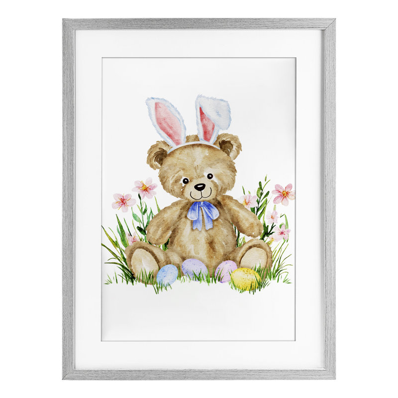 Ours en peluche printanier, reproduction sous verre encadrée, conception par Amy Hall, Cadre de ferme gris, H 20 po x l 14 po