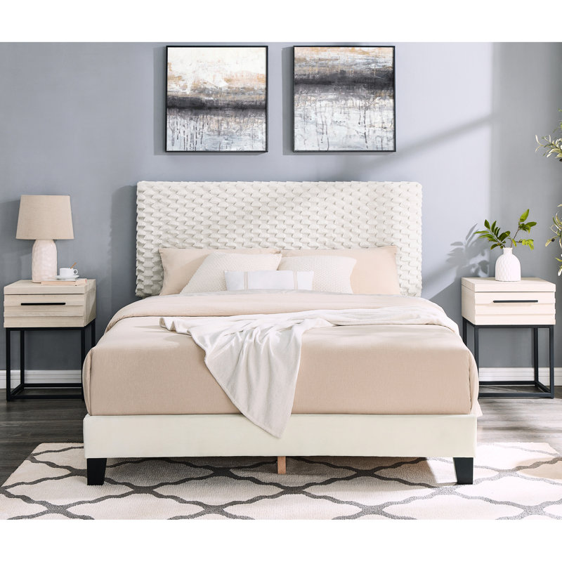 Chambre à coucher avec lit tapissier 3D et 2 tables de chevet, taille double, 3 tiroirs, design complet et attrayant