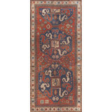 Red and Blue Antique Wool Pile Tribal Caucasian Kazak Rug