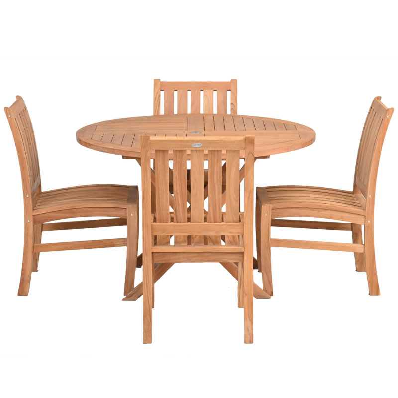 5 Piece Teak Wood Outdoor Patio Dining Set Including 47" Round Java Table And 4 Abaco Side Chairs