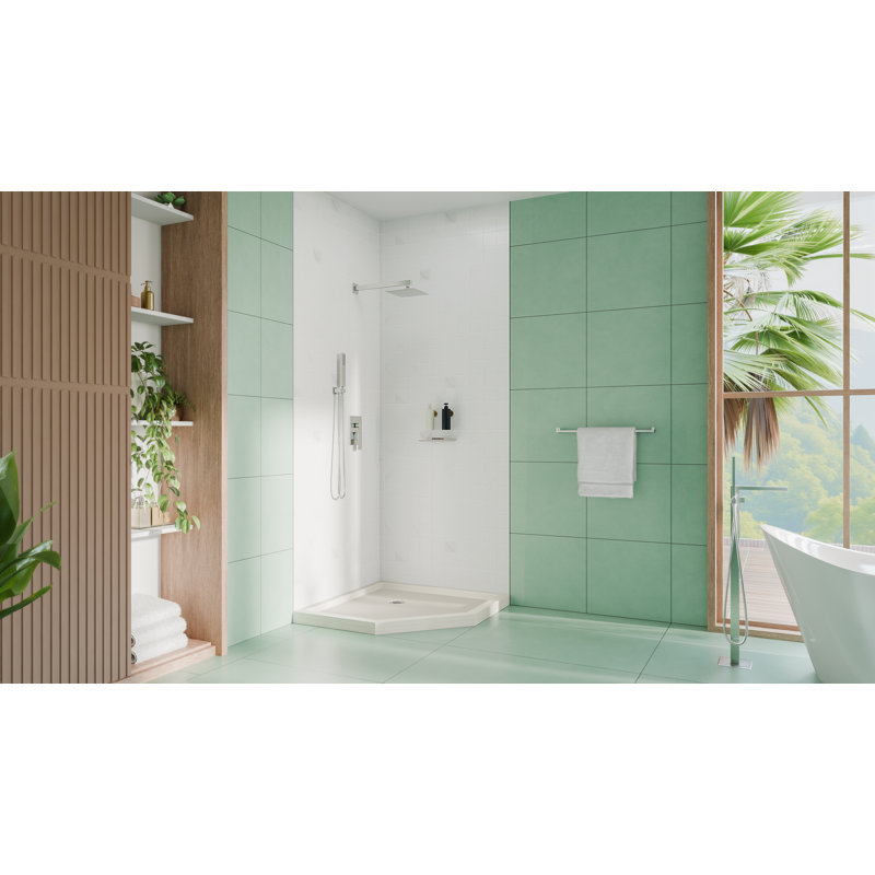 DreamLine SlimLine 36 inch D x 36 inch W x 2 3/4 inch H Biscuit Neo-Angle Shower Base with 2 inch Brushed Nickel Corner Round Drain