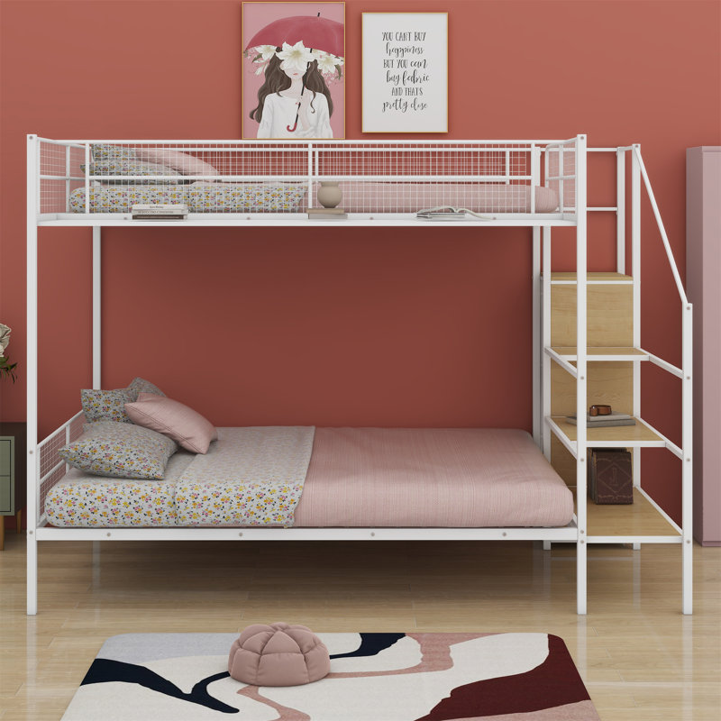 Bunk Bed With Wire Shelving And Lateral Storage Ladder And Wardrobe, White