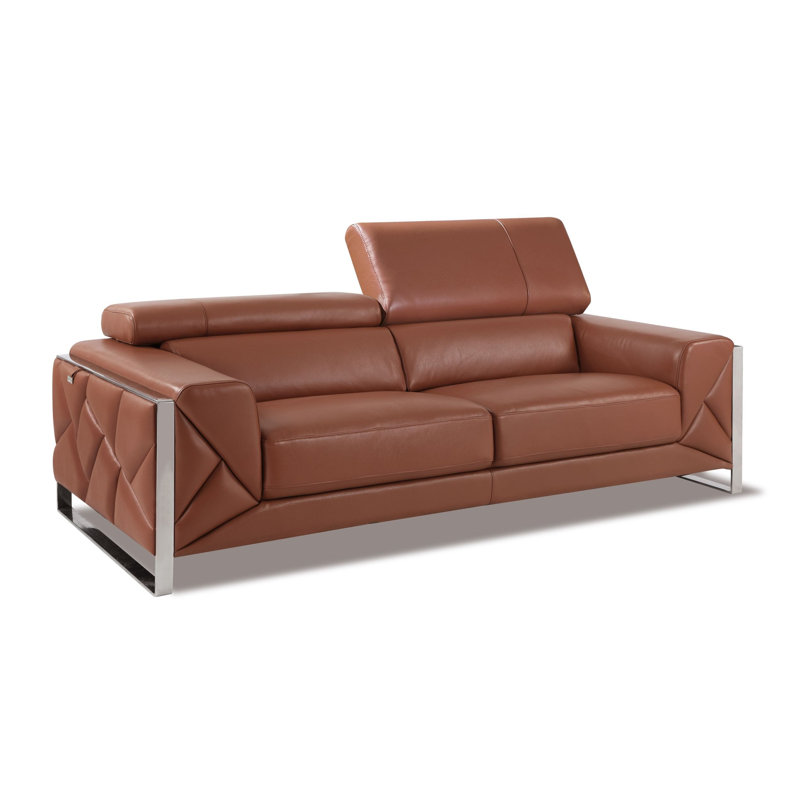 Camel Genuine Leather Sofa with Adjustable Headrests, Camel