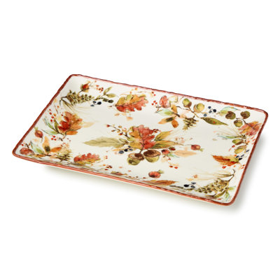 Plateau rectangulaire Autumn Meadows - Une surface de service raffinée en grès de 14 x 10 pouces encadrée par des plantes peintes à la main, apportant une élégance structurée à chaque tartinade d'automne.