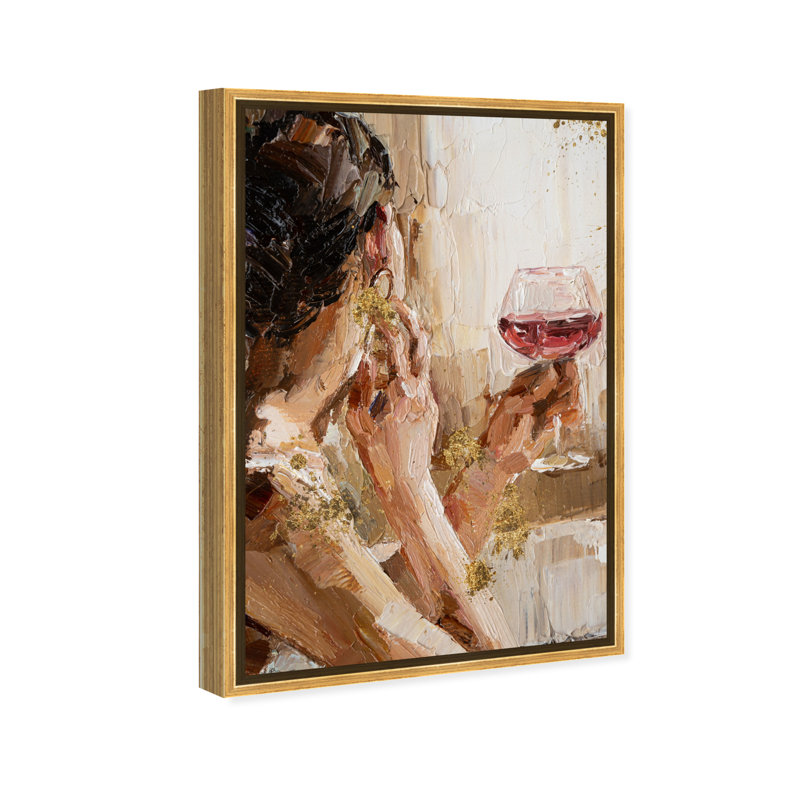 «Pondering Gilded», peinture sur toile, Noir, H 24 po x l 16 po, Toile avec cadre or