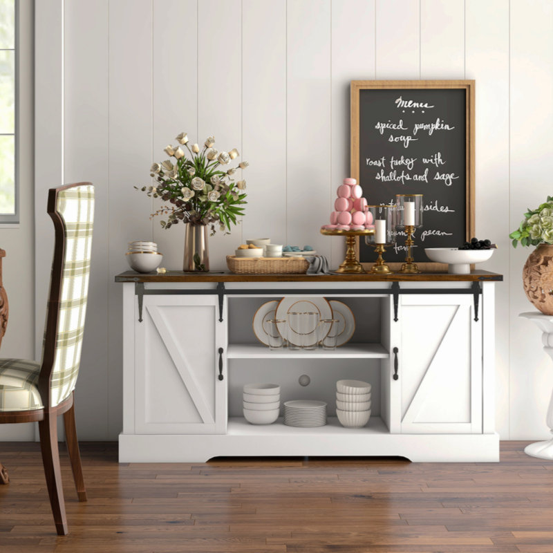 White Farmhouse Coffee Bar Cabinet with Sliding Barn Doors and Charging Station