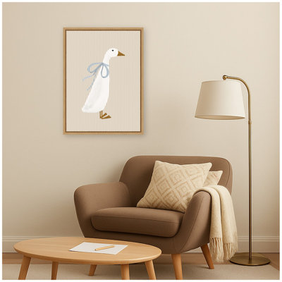 Duck Blue Bow Beige Stripes by Molly Dillon from The lil Dills Shop Framed Canvas Wall Art Print