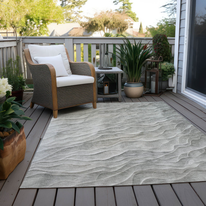Taupe Wave Pattern Machine Washable Indoor/Outdoor Rug