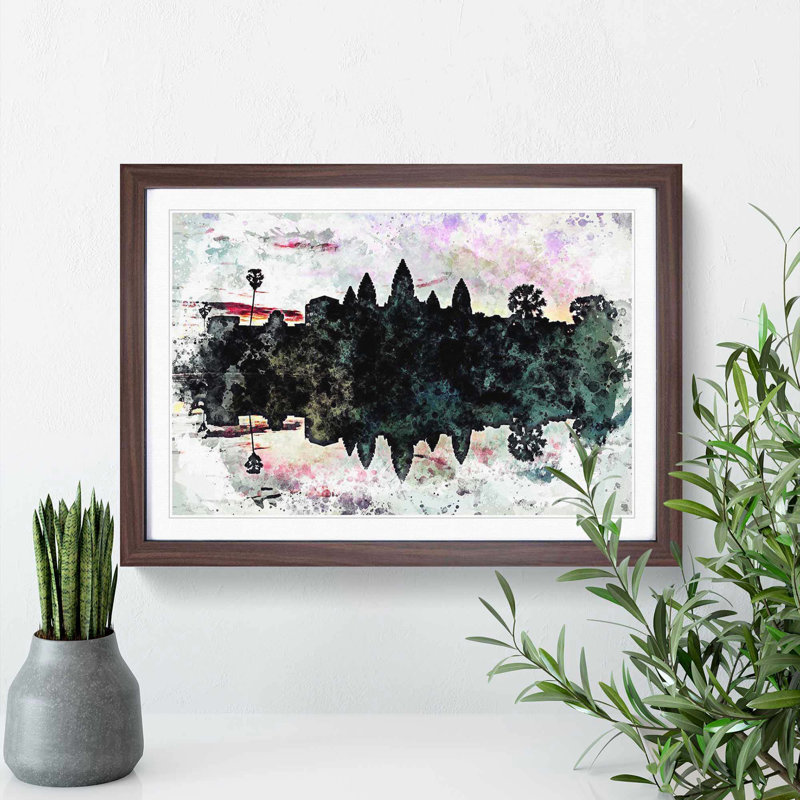Angkor Wat in Cambodia in Abstract - Picture Frame Painting Print, 62cm H x 87cm W x 2cm D, Walnut Framed
