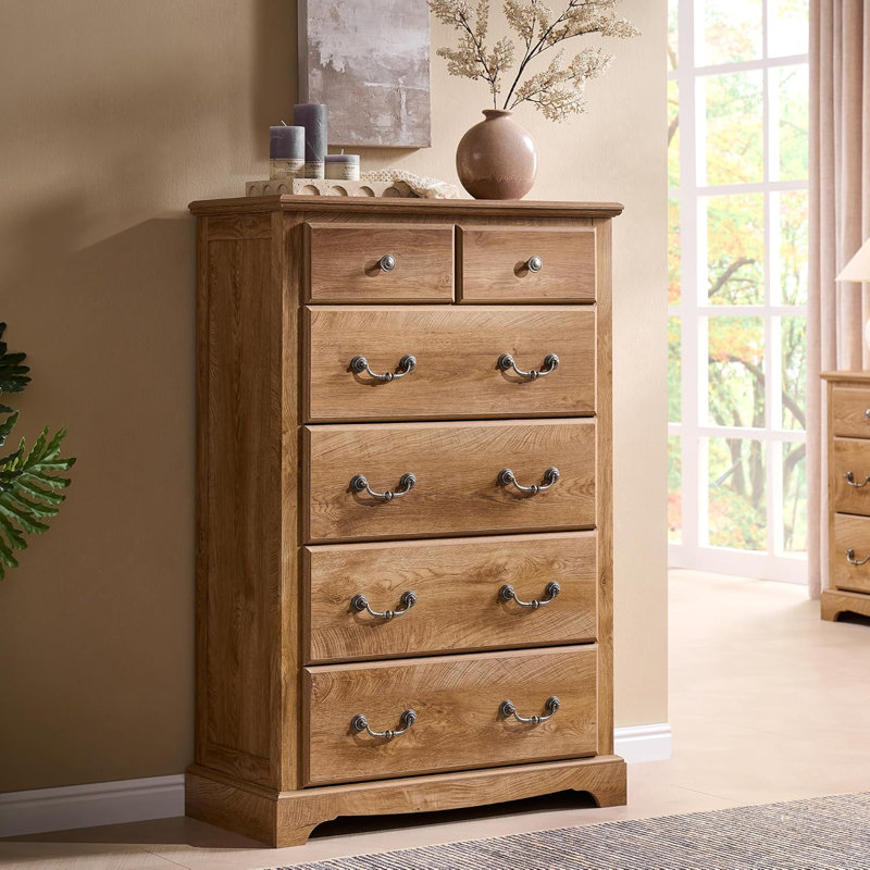 Krijna 32" W  Vintage 6 Drawers Dresser Chests, Wood Rustic Tall Chest of Drawers, Light Knotty Oak