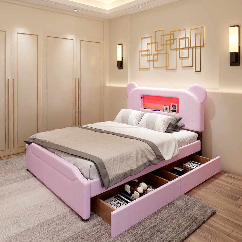 Lit double avec rangement double, Rose