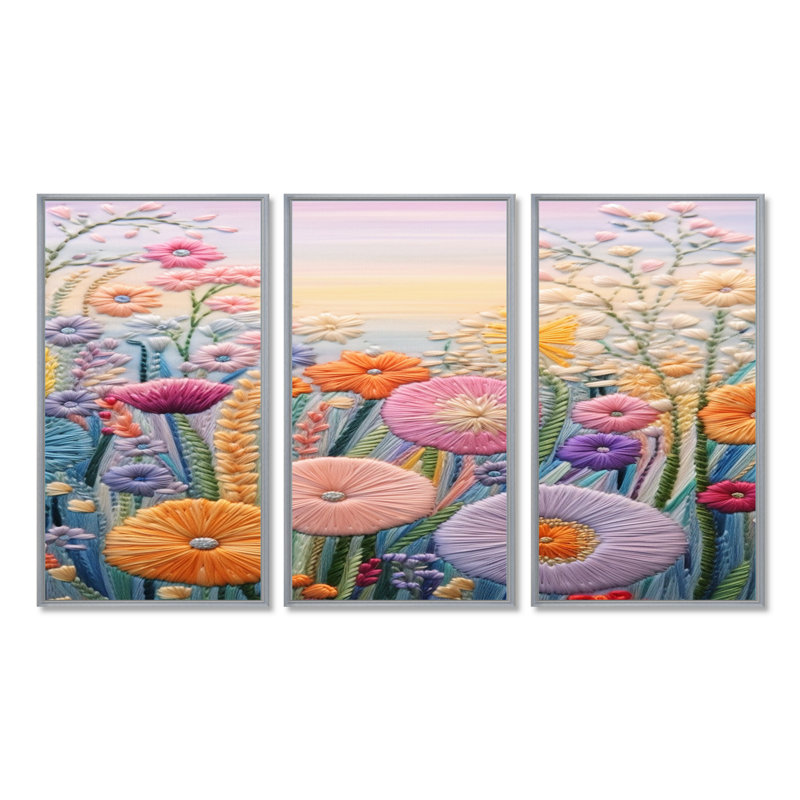 Nesrine - Ensemble de salon art mural fleurs sauvages, Encadrement argenté, H 40 po x l 60 po x P 1 po