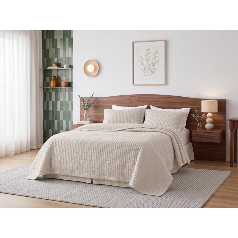  Quilts - Soft Lightweight Quilted Bedspread Coverlet with Contrast Stitching, Pumice Stone, King Quilt + 2 Shams