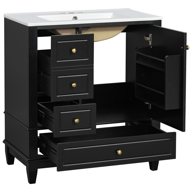 Meuble-lavabo 30 po avec lavabo, une porte avec tablette et trois tiroirs, Black