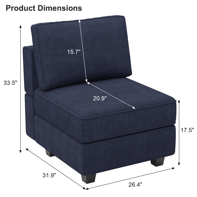Fauteuil rembourré de 26,4 po de largeur avec dossier rembourré Nakash, Velours côtelé bleu