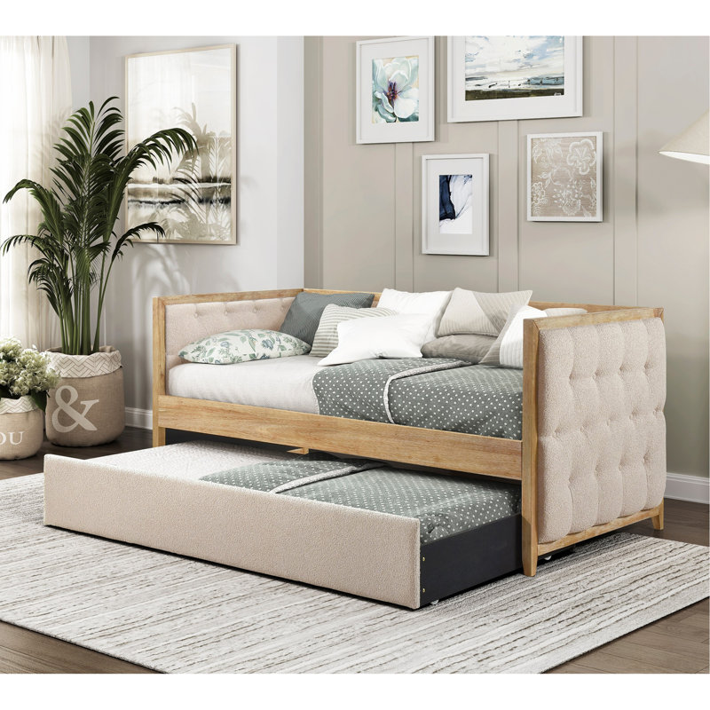 Lit de jour moderne 1pc avec lit gigogne escamotable beige Boucle touffeté chambre à coucher Mobilier de style transitionnel finition naturelle