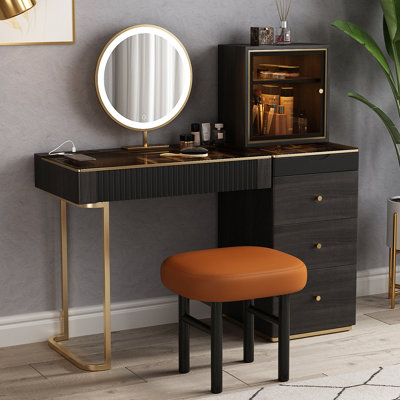 Meuble-lavabo de haute qualité avec tabouret, très facile à assembler, plateau en verre, avec prise de courant