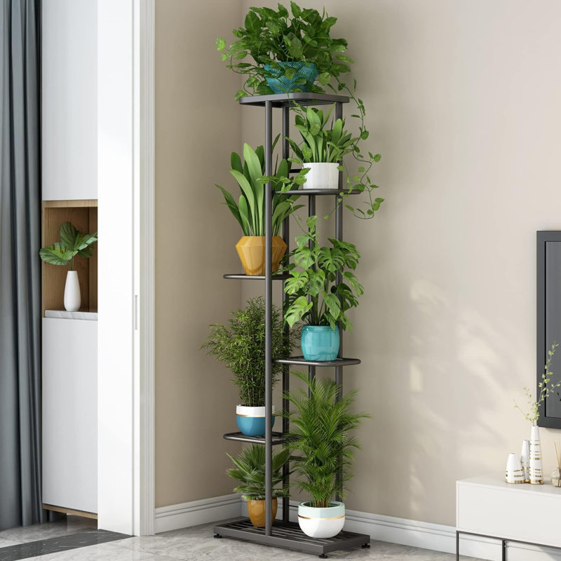 Support pour plante d'intérieur et d'extérieur en métal à 6 niveaux et 7 pots de fleurs multiples, Gris
