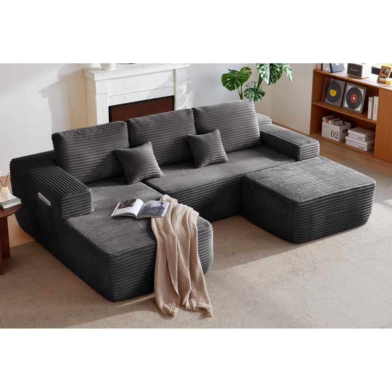 Canapé modulaire moderne en tissu moelleux, en forme de U avec méridienne, aucun assemblage requis