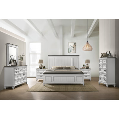 Clelane Wood Bedroom 6 Piece Set With Shiplap Panel Bed, Dresser, Mirror, Two Nightstands, And Chest