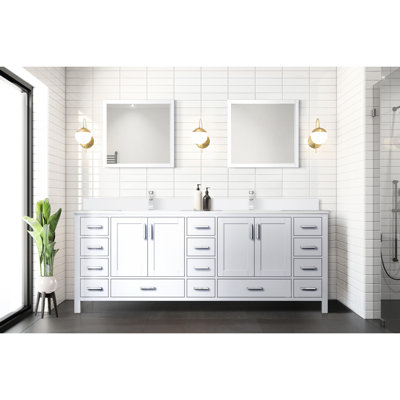 Meuble-lavabo double blanc 84 po X 22 po, surface en marbre, robinet, miroir de 34 po - salle de bain attrayante et durable avec comptoir, robinet inclus, taches rayées