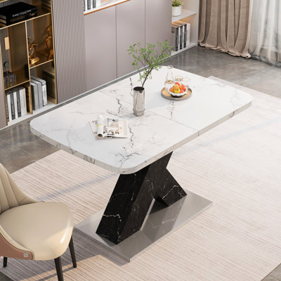 Table de salle à manger extensible carrée de style moderne avec plateau en marbre blanc et pieds en métal noir, base extensible, poids brut de 97,44 lb