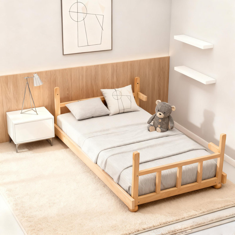 Lit de style maison basse avec lumières et rideaux, Simple, Beige
